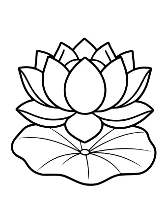 Black-and-white line drawing of a large lotus flower with multiple layers of pointed petals, a rounded center, and two broad leaves spreading out at the base.