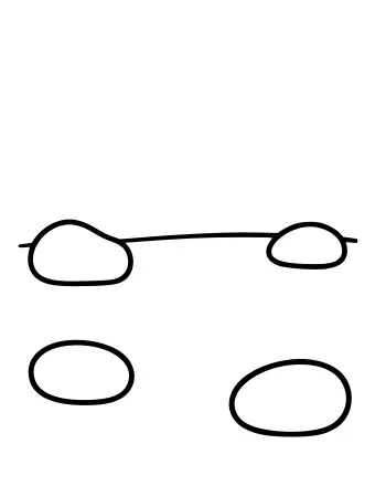 Line drawing of a zen garden with two raked sand patterns and two smooth stones