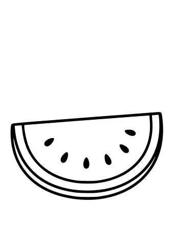 A simple line drawing of a watermelon slice with a green rind, white inner layer, red flesh, and black seeds.