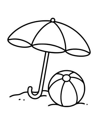 Black and white line drawing of a large beach umbrella planted in the sand next to a round beach ball with a small valve on top.