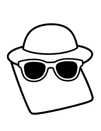 A wide-brimmed sun hat and a pair of dark sunglasses resting on a folded beach towel, drawn in simple black outlines.