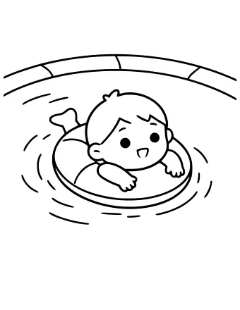 Black-and-white line drawing of a smiling child wearing a swim cap and goggles, floating on their back in a pool with a ring floatie around their waist.
