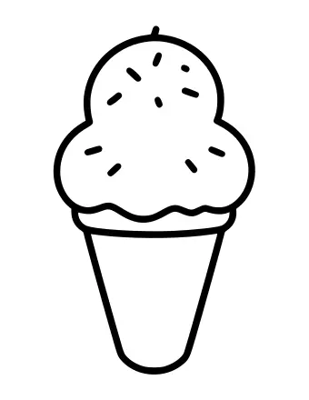 Black and white line drawing of a large ice cream cone with three stacked scoops, small sprinkle shapes on the scoops, and a waffle cone base.
