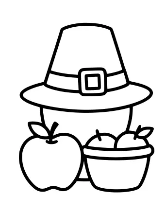 Un dessin simple d’un chapeau de pèlerin avec une boucle, un panier de pommes et une feuille.