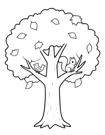 Un grand arbre aux feuilles éparses au sol, avec un écureuil et des oiseaux sur ses branches.