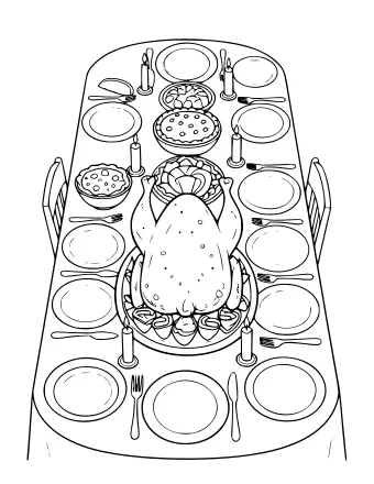 Une table à manger préparée pour un festin de Thanksgiving avec une grosse dinde rôtie sur un plateau au centre.