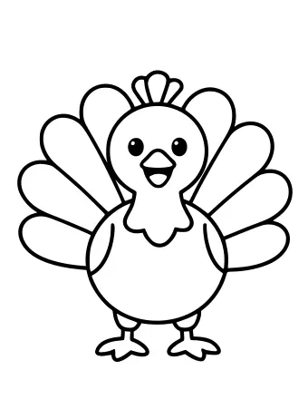 A smiling cartoon turkey with a round body, a fan of tail feathers, and two webbed feet, shown in a simple black-and-white line drawing.