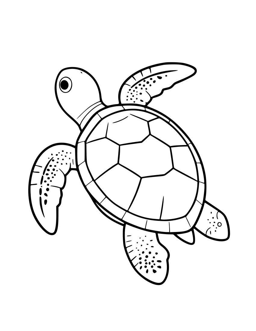 Black-and-white line drawing of a sea turtle swimming, showing a patterned shell, four flippers with dotted markings, and a small head with one visible eye.