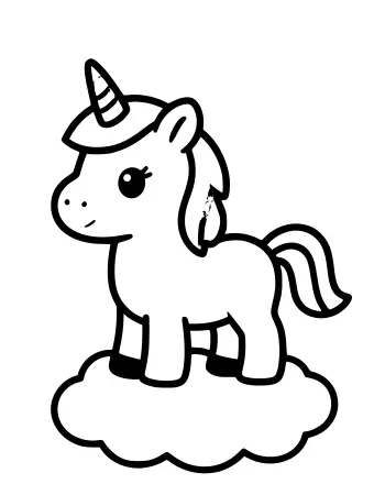 Black and white line drawing of a cute unicorn with a spiral horn and rainbow mane standing on a fluffy cloud.
