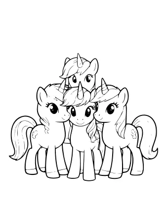 Black-and-white line drawing of three cartoon unicorns standing side by side in a forest, each with a horn, flowing mane, and a small flower mark on its flank.