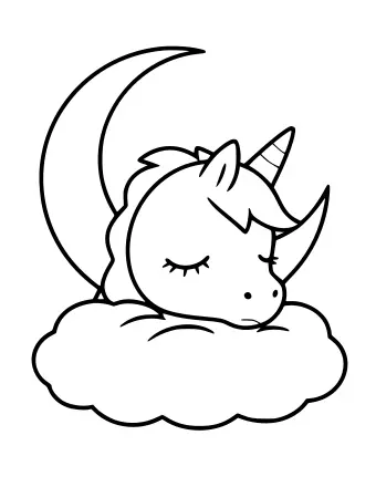 Black and white line drawing of a unicorn with a striped horn and closed eyes resting its head on a fluffy cloud in front of a large crescent moon.