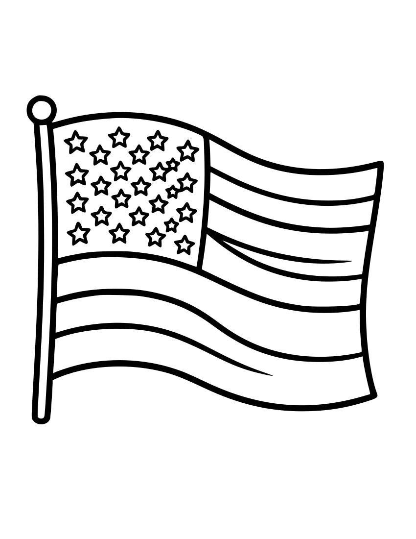 Black and white line drawing of a waving American flag with a circle of stars in the upper left corner and wavy stripes, mounted on a flagpole.