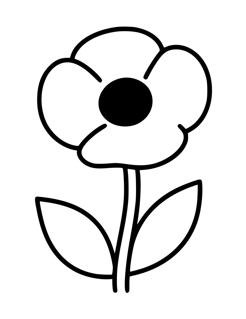 Black and white line drawing of a single poppy flower with five rounded petals, a dark circular center, a straight stem, and two leaves.