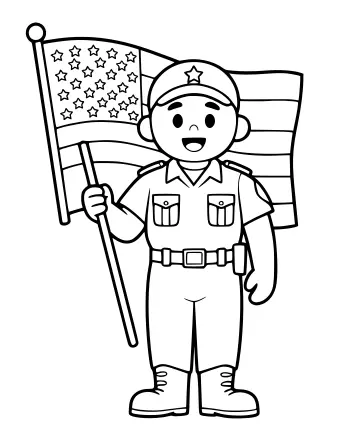 Line drawing of a smiling soldier in a dress uniform with a star cap, belt, and boots, holding a flagpole with a waving American flag that has stars and stripes.