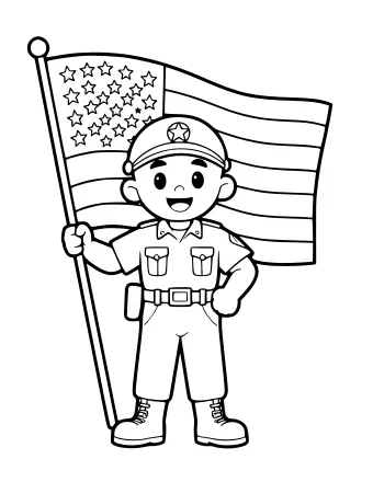 Black-and-white line drawing of a smiling cartoon service member in a dress uniform with a cap, holding a flagpole with a waving American flag; blank space below for a handwritten note