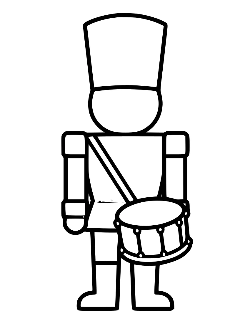 Black and white line drawing of a toy soldier standing straight, wearing a tall hat and holding a drum with a strap across the chest.