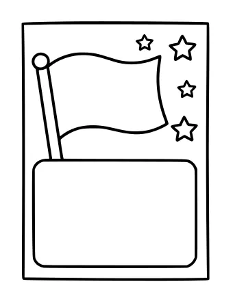 Black-and-white line drawing of a folded greeting card with a waving flag on the top panel and four stars in the upper right corner; the bottom panel is blank for writing.
