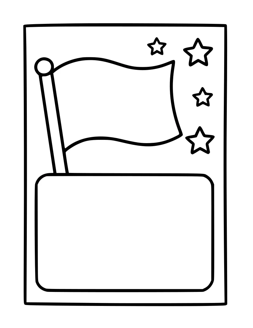 Black-and-white line drawing of a folded greeting card with a waving flag on the top panel and four stars in the upper right corner; the bottom panel is blank for writing.