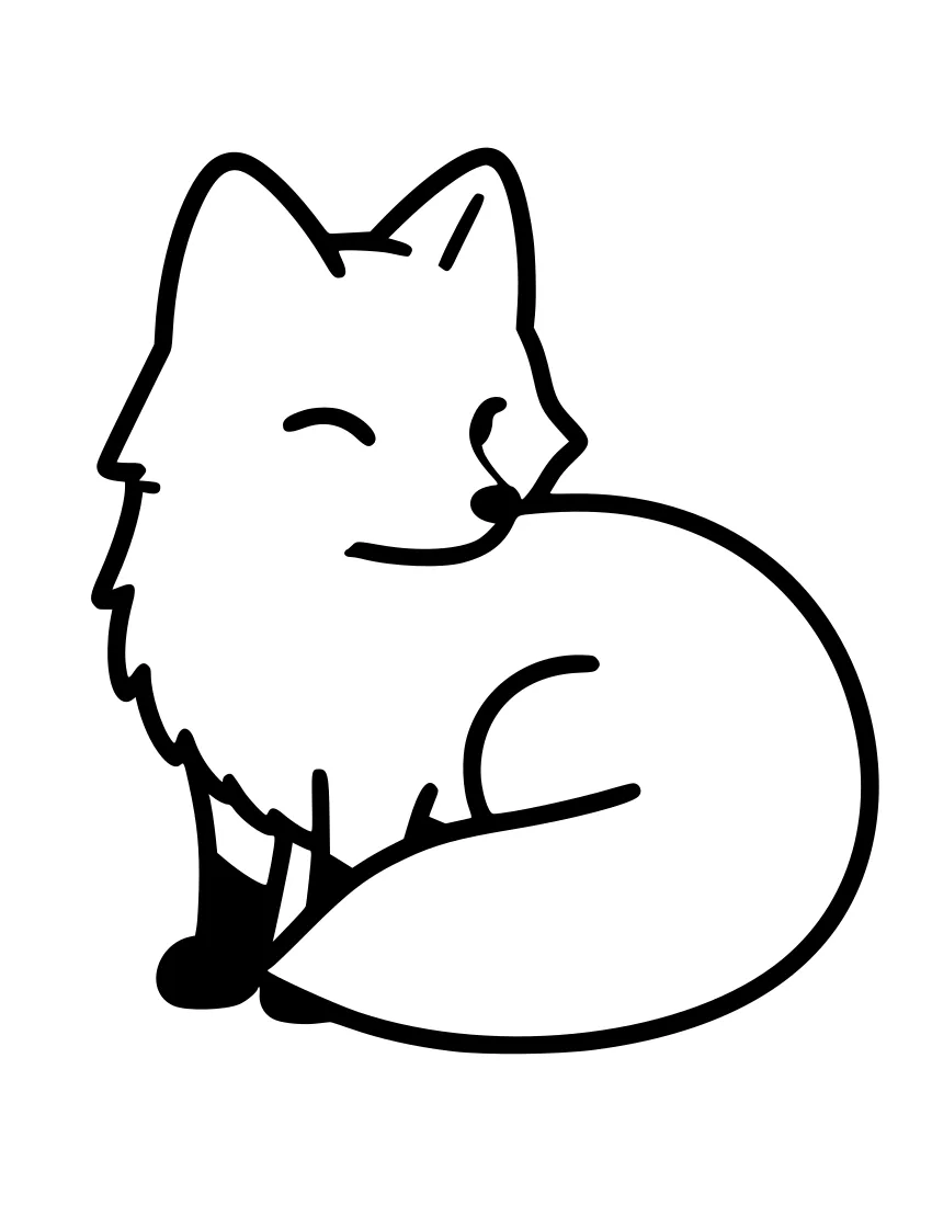 Line drawing of an arctic fox sitting with its eyes closed and a large bushy tail wrapped around its body.
