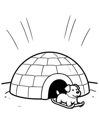 Line drawing of a dome-shaped igloo made of snow blocks with an arched entrance, a small dog lying on a sled in front, and curved lines of light in the sky.
