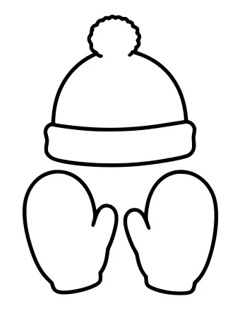 Line drawing of a knitted bobble hat with a folded brim above a pair of mittens, laid flat.