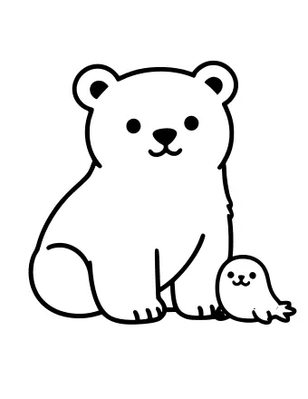 Line drawing of a round polar bear cub sitting upright, with a small seal pup next to its feet.