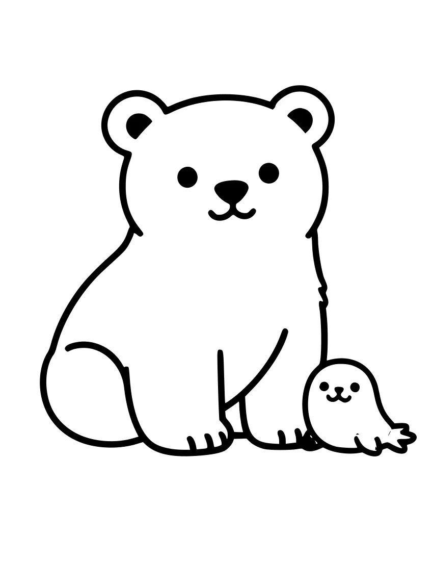 Line drawing of a round polar bear cub sitting upright, with a small seal pup next to its feet.