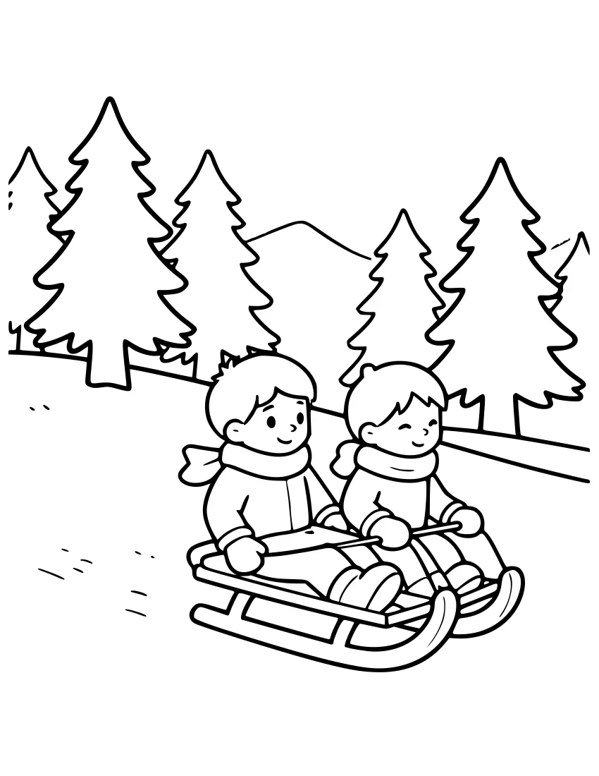 Line drawing of two children in scarves and hats riding a sled down a snowy hill, with pine trees and a mountain in the background.