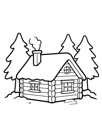 Une cabane en rondins confortable faite de rondins arrondis, entourée de pins sous un manteau de neige.